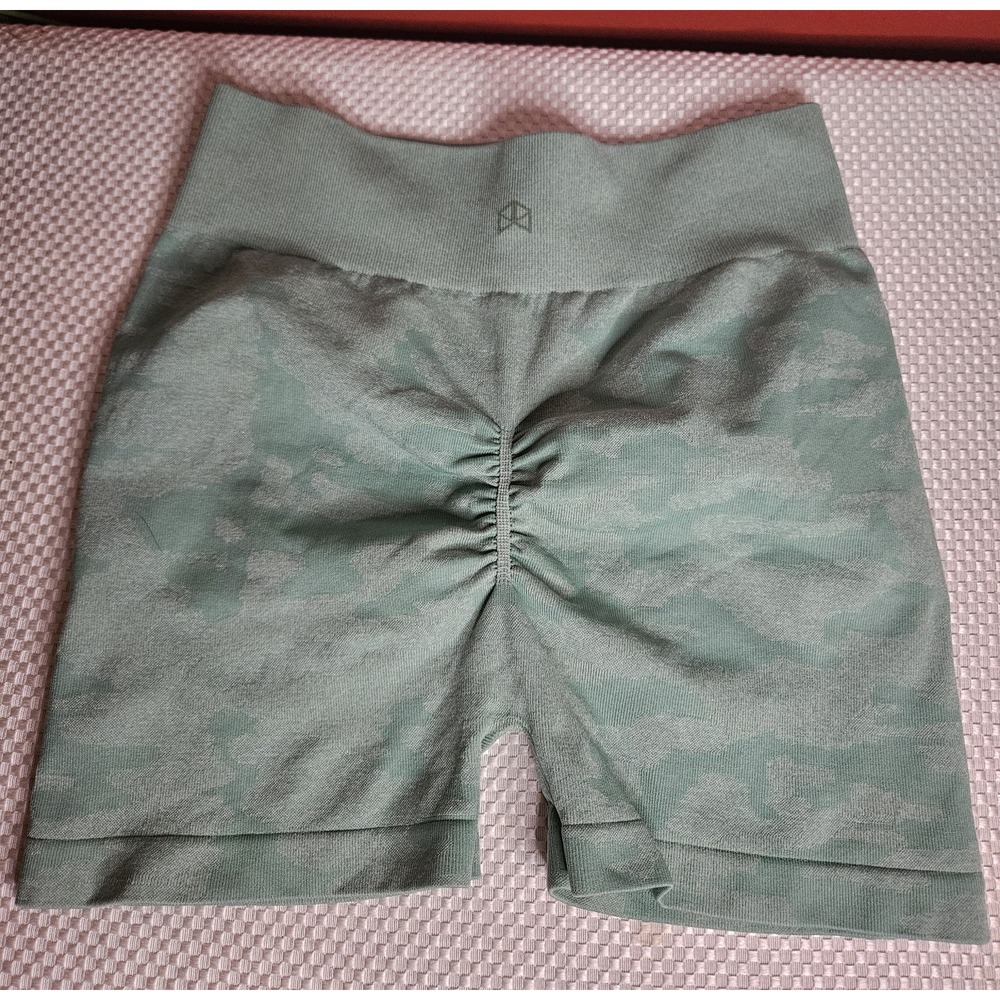 RawGear Women's Camo Seamless Scrunch Gym Shorts - Sage Green - Size M